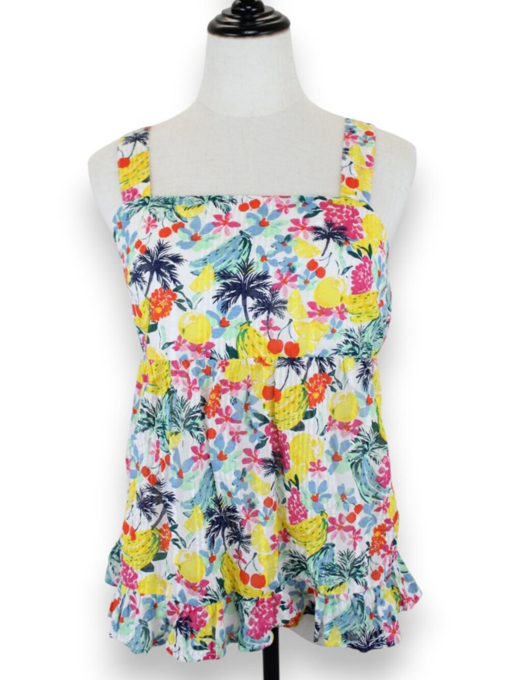 LOFT Peplum Top Tropical Fruit Print Top Back Bow Cottage Boho Beach Sz 4